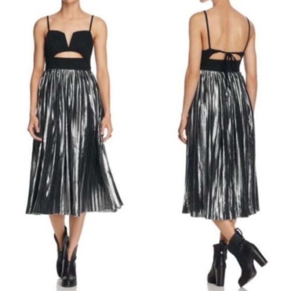 Free People Black Silver Piper Pleated Midi Dress